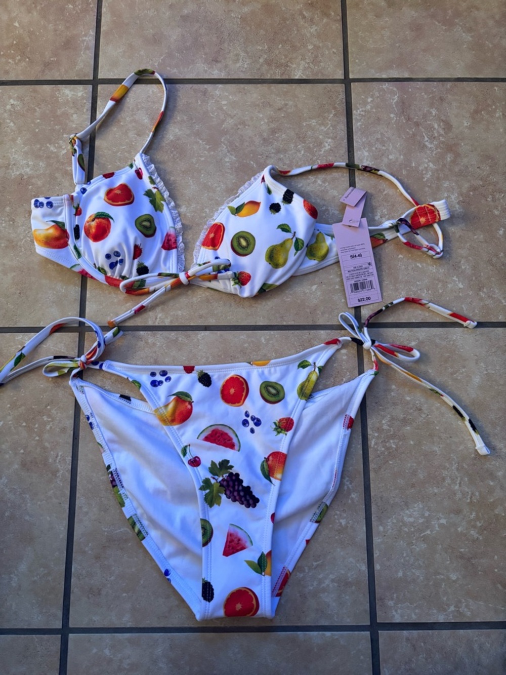 White Fruit-Print Tie-Side Bikini